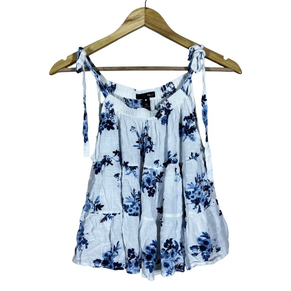 AQUA Tiered Floral Print Camisole Top White Blue Boho Tie Strap Size XS
